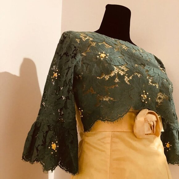 UNBRANDED Hand-Made Vintage 60s Green Lace Yellow Satin Beaded Fitted Dress XXS - Picture 8 of 14
